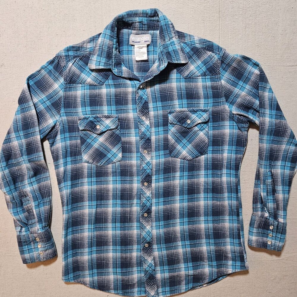 Wrangler Flannel Shirt – Blue Plaid – Long Sleeve – 100% Cotton
